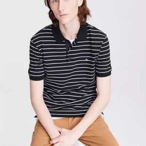 RAG & BONE STRIPE COTTON PIQUE POLO BLACK/IVORY